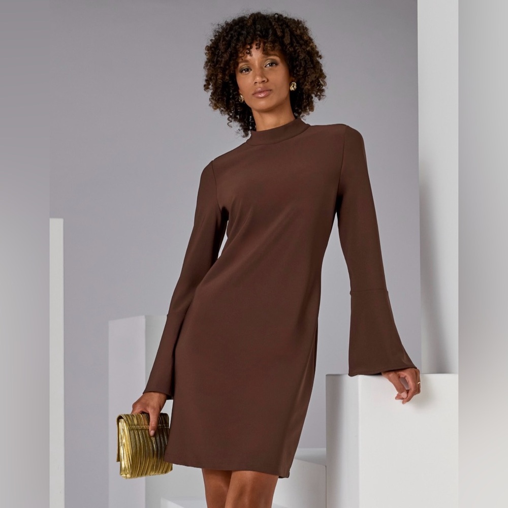 Boston Proper Beyond Travel Bell Sleeve Dress in Coffee Bean